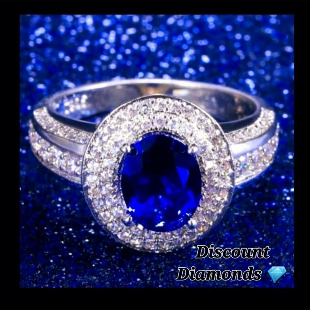 Blue Sapphire & White Baguette Diamond Ring on 925 Sterling Silver - Women's